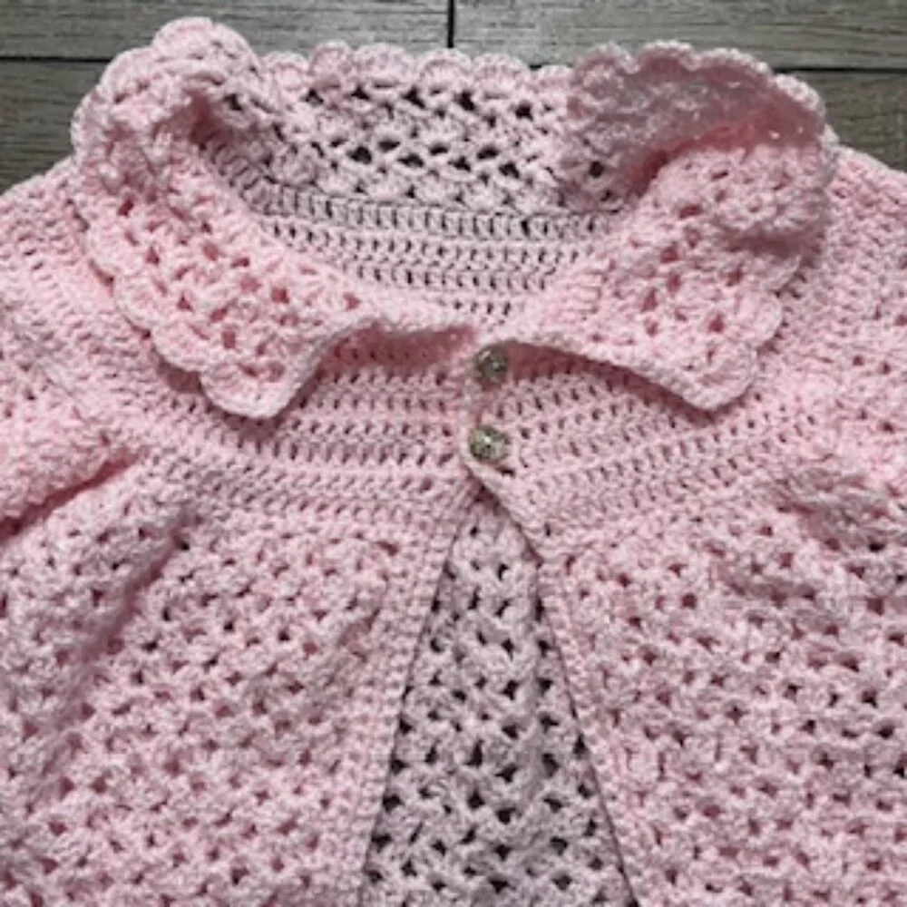 Hand Made Pink Crocheted Little Girls‎ Cardigan Sweater Jacket Size 2T